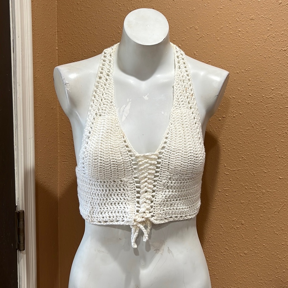 House of three crochet beige crop top